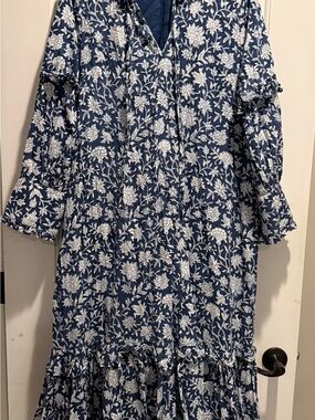 Blue Floral Long Sleeve Maxi Dress with Ruffle Hem